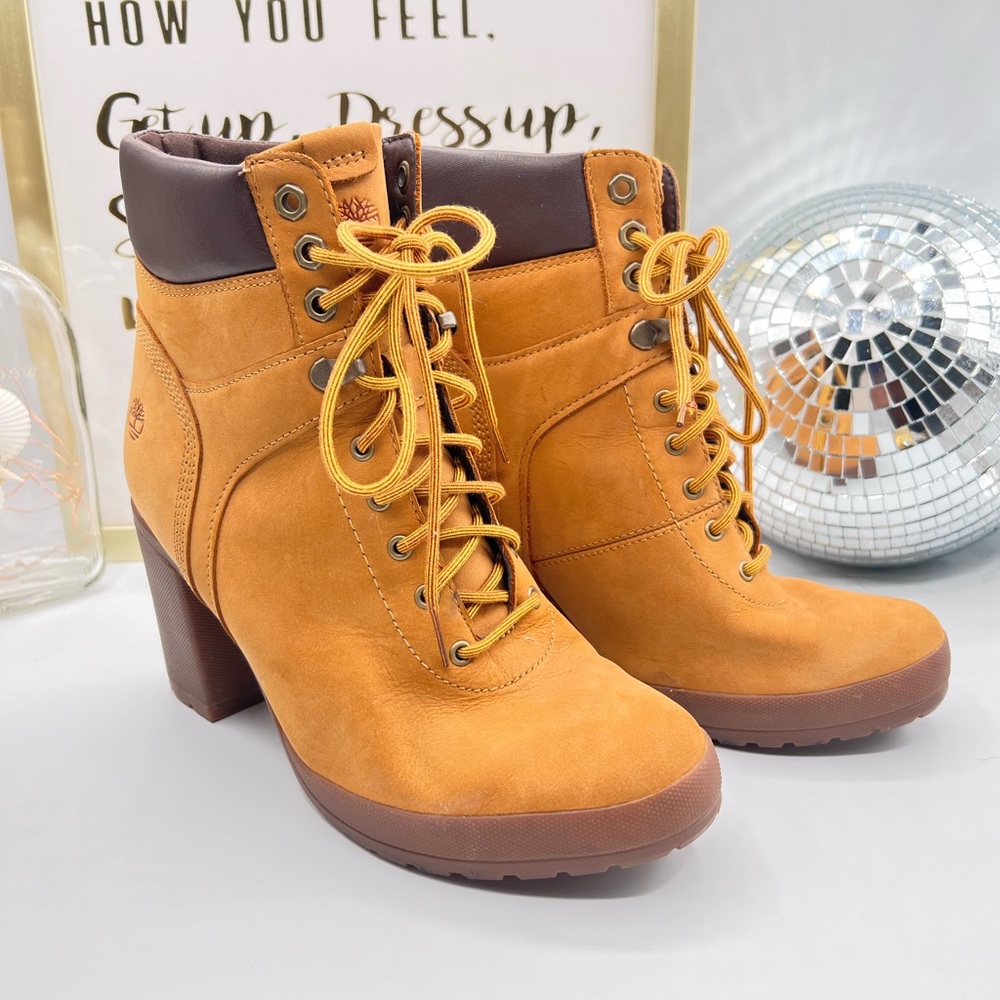 Timberland Tillston 6-inch heel Women's Sz 8.5 Ortholite H Wheat Leather Boots.
